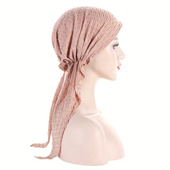 Solid Embossed Turban Cap Elastic Headscarf Women Ramadan Hijab Bandana