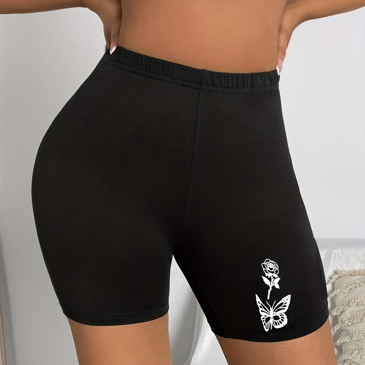 Butterfly & Flower Print Casual Workout Slim Shorts