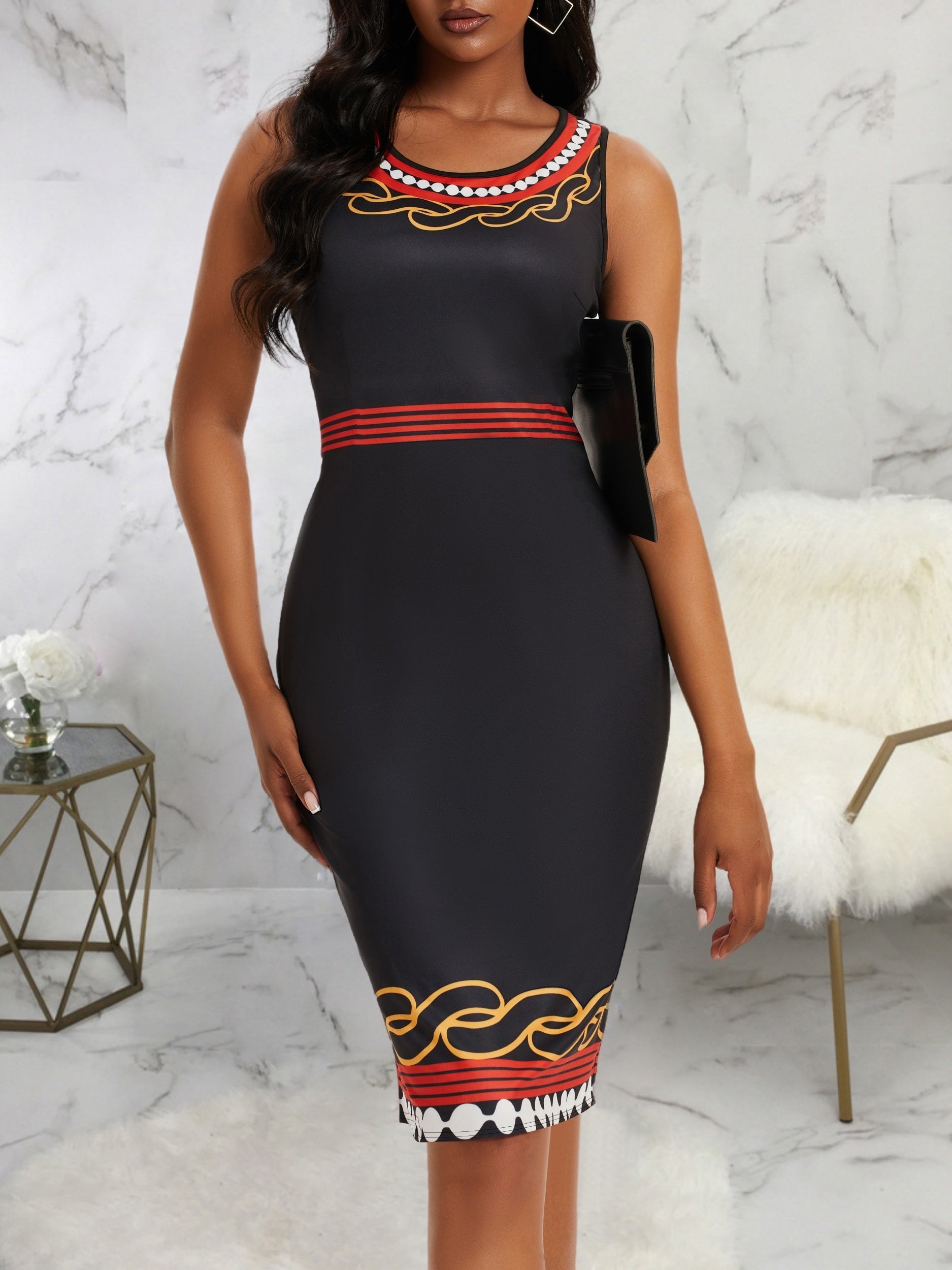  Geometric Print Round Neck Midi Dress