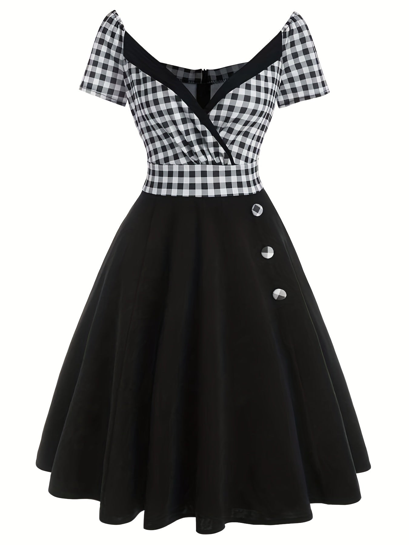  Colorblock Gingham Print A line Dress