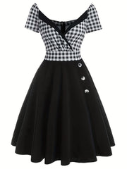  Colorblock Gingham Print A line Dress
