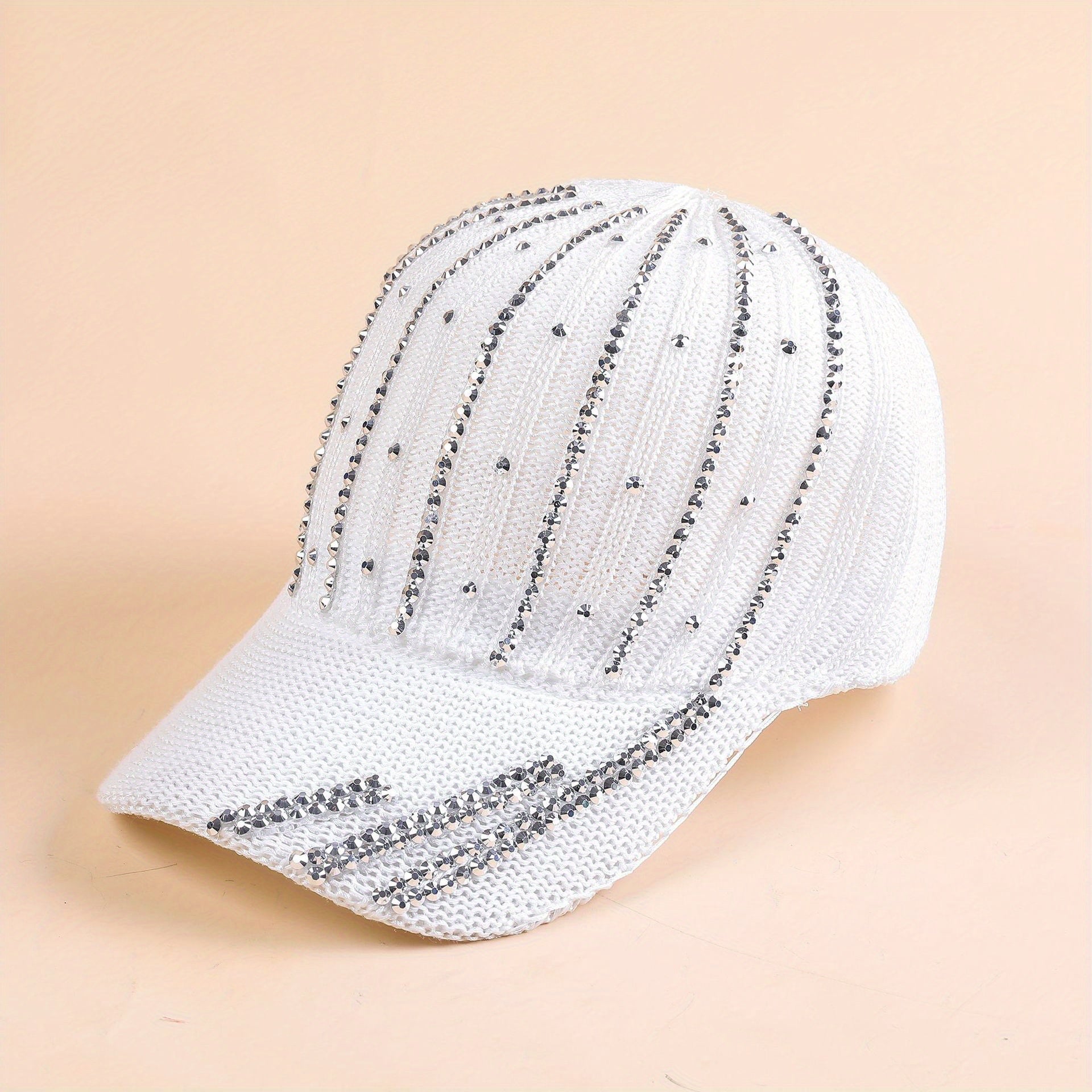 Knitted Baseball Cap With Rhinestones Soft Top Cap