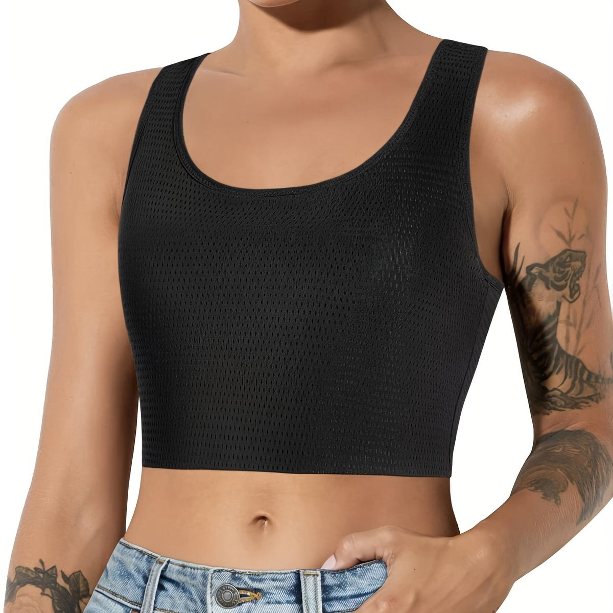 Eyelet Crop Tank Top Breathable Crew Neck Tank