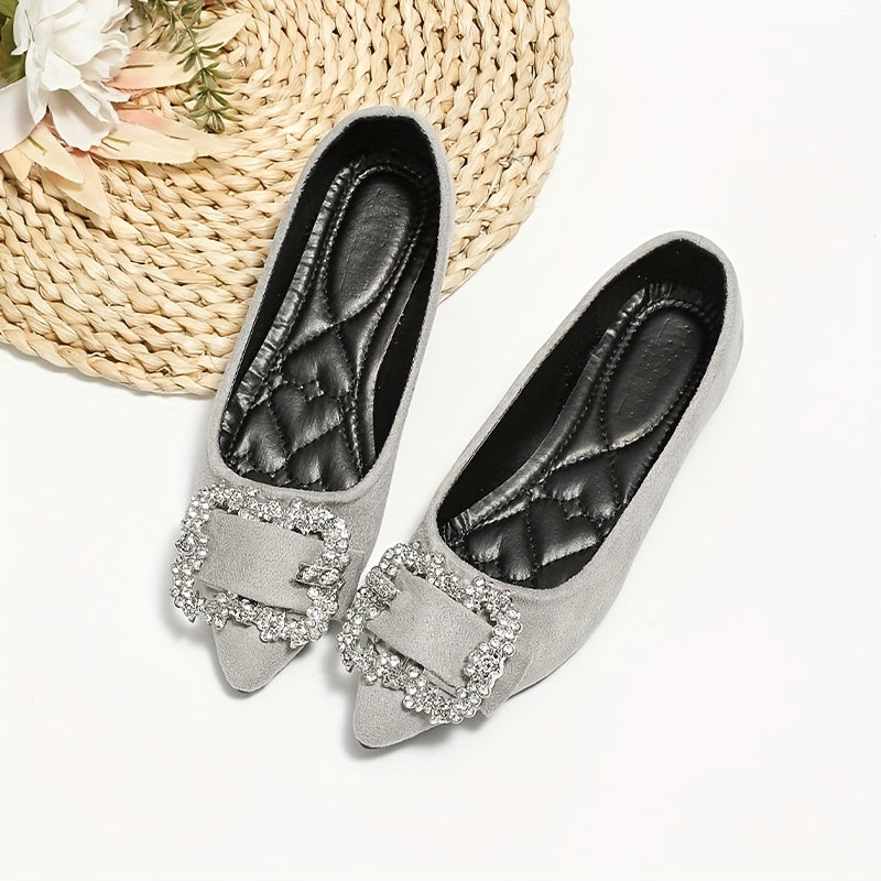 Women's Rhinestone Buckle Pointed Toe Flat Shoes Soft Sole Slip On Evening Flats