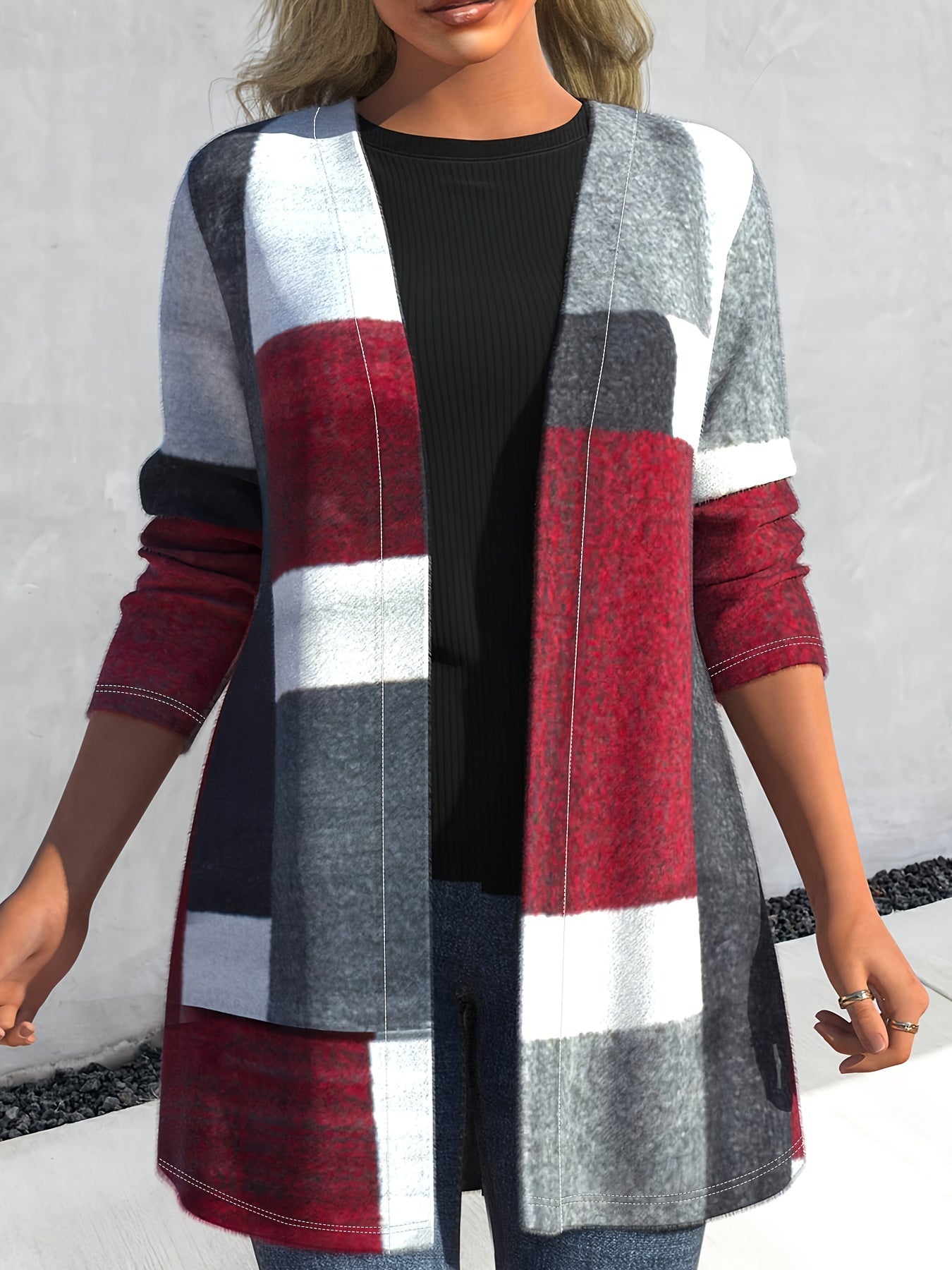  Colorblock Long Sleeve Open Front Cardigan