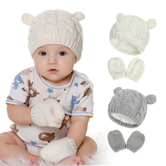 Newborn Infant Ear Knitted Beanie Hat Warm Winter Cap & Mittens Gloves Set