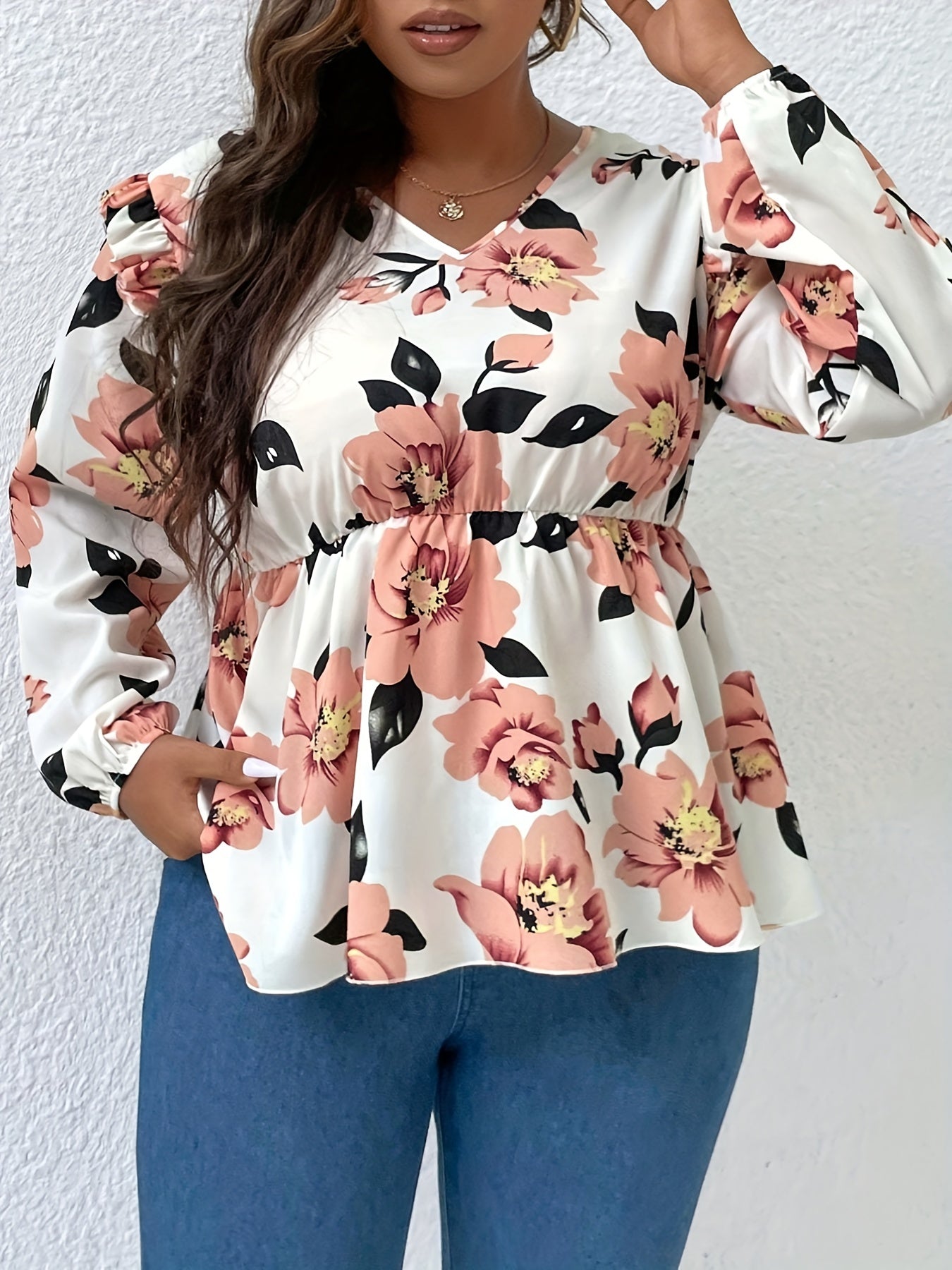  Floral Print Lantern Sleeve V Neck Ruffle Trim Bow Blouse