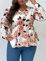  Floral Print Lantern Sleeve V Neck Ruffle Trim Bow Blouse