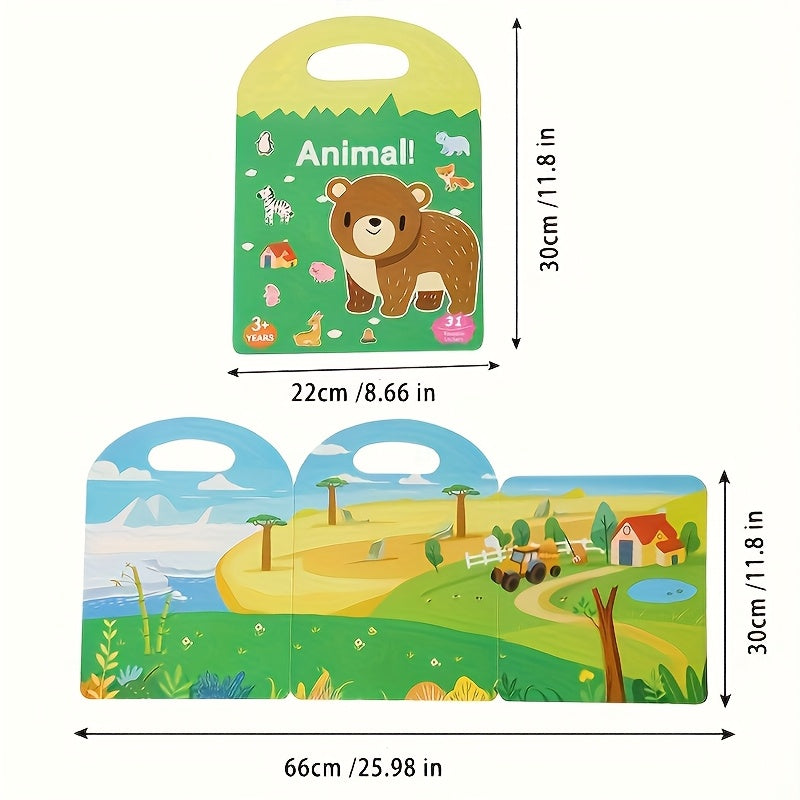 Reusable Waterproof Sticker Book Kids Double Sided Dinosaurs Animals & Vehicles