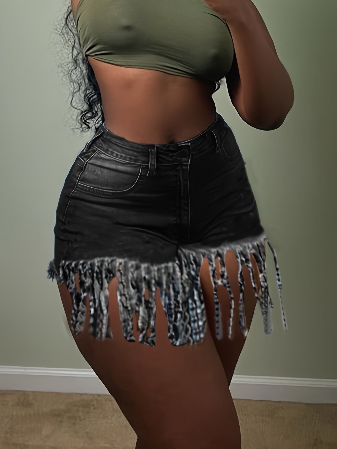  Fringe Trim High Rise Denim Shorts Women's Plus Casual Shorts