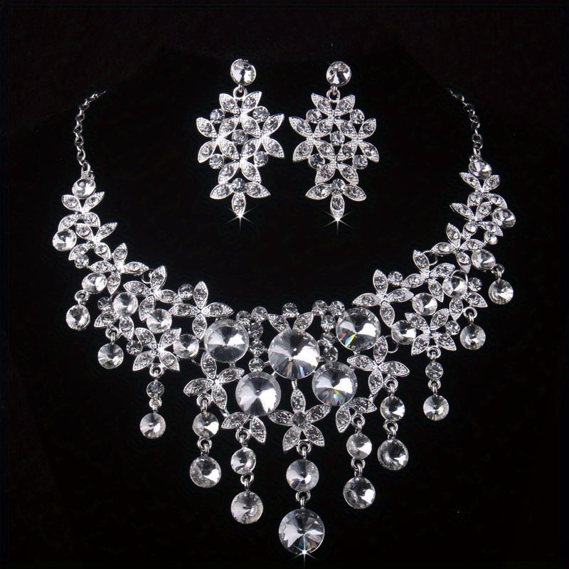 Atmospheric Bride Wedding Set Rhinestone Necklace Earrings