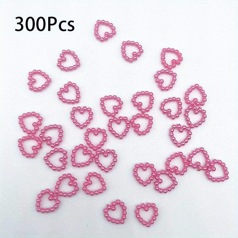 300Pcs Colorful Hollow Pearly Heart Pearl Nail Charm Acrylic Heart Decoration