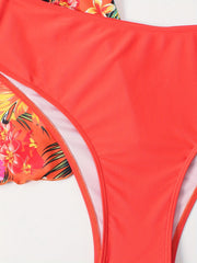  Boho Tankini Set Tropical Print V Neck Cami Top & Solid Panty Swimsuit