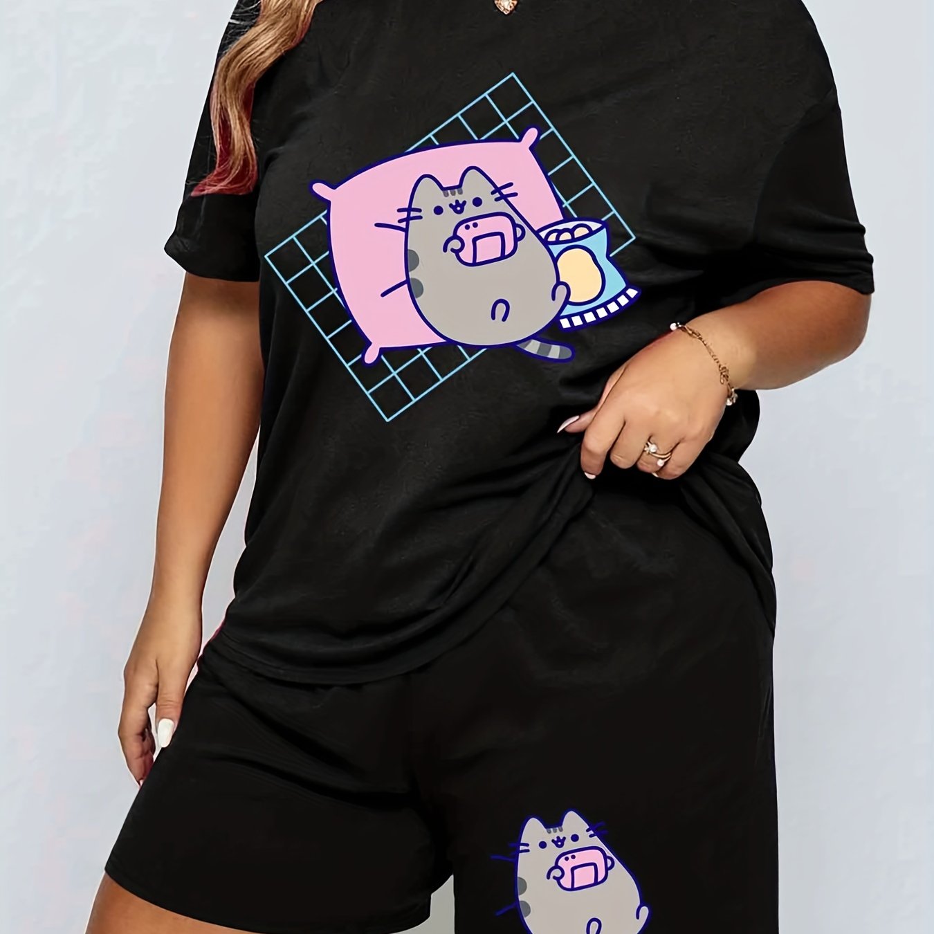  Cat Print Tee & Shorts Pajama Set