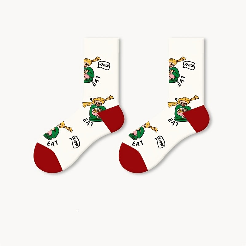 5 Pairs Harajuku Mid Tube Socks Funny Pattern Women's Stockings