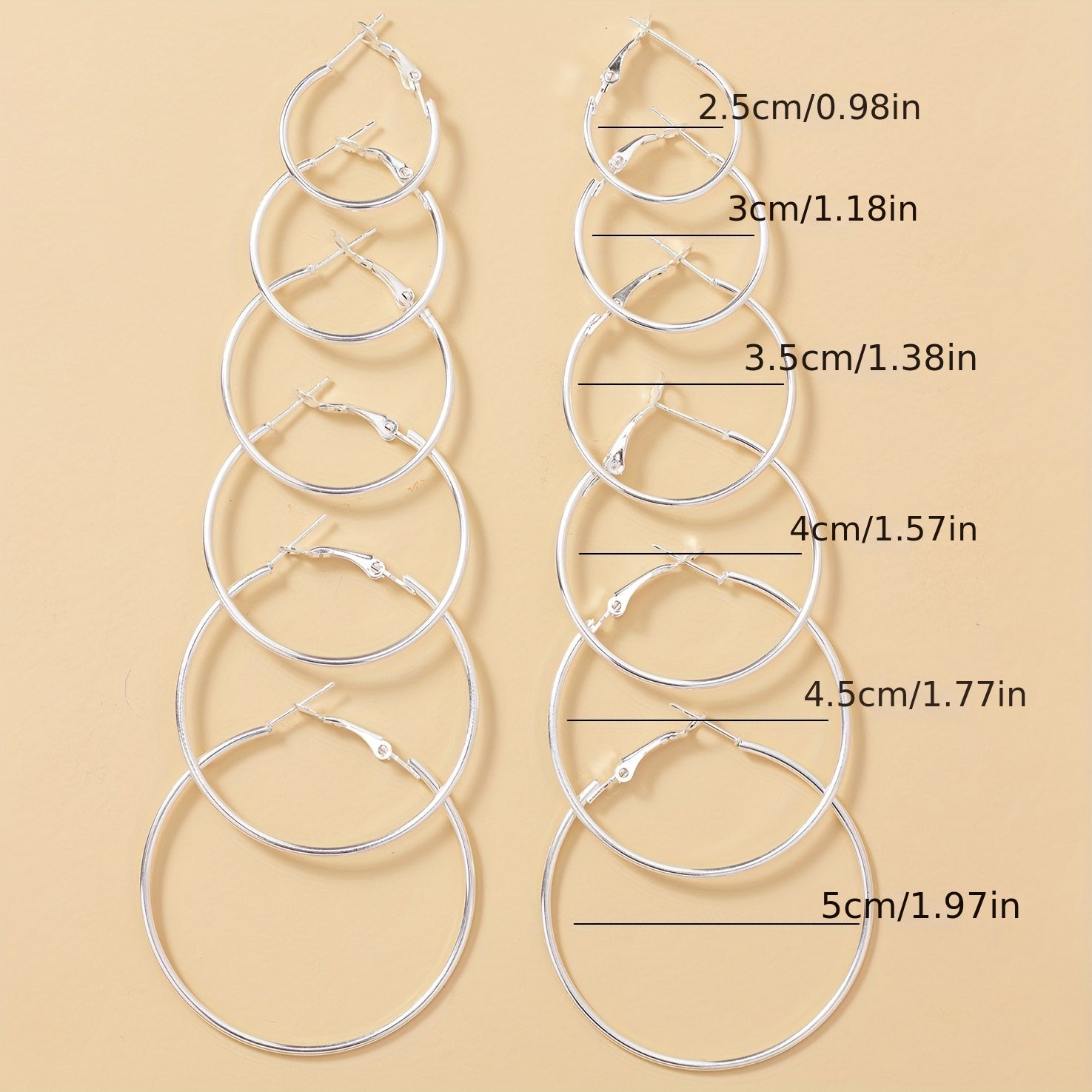 6 Pairs Silvery Big Circle Hoop Earrings Stainless Steel Silver Plated Jewelry