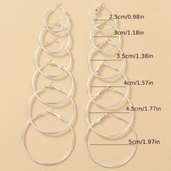 6 Pairs Silvery Big Circle Hoop Earrings Stainless Steel Silver Plated Jewelry