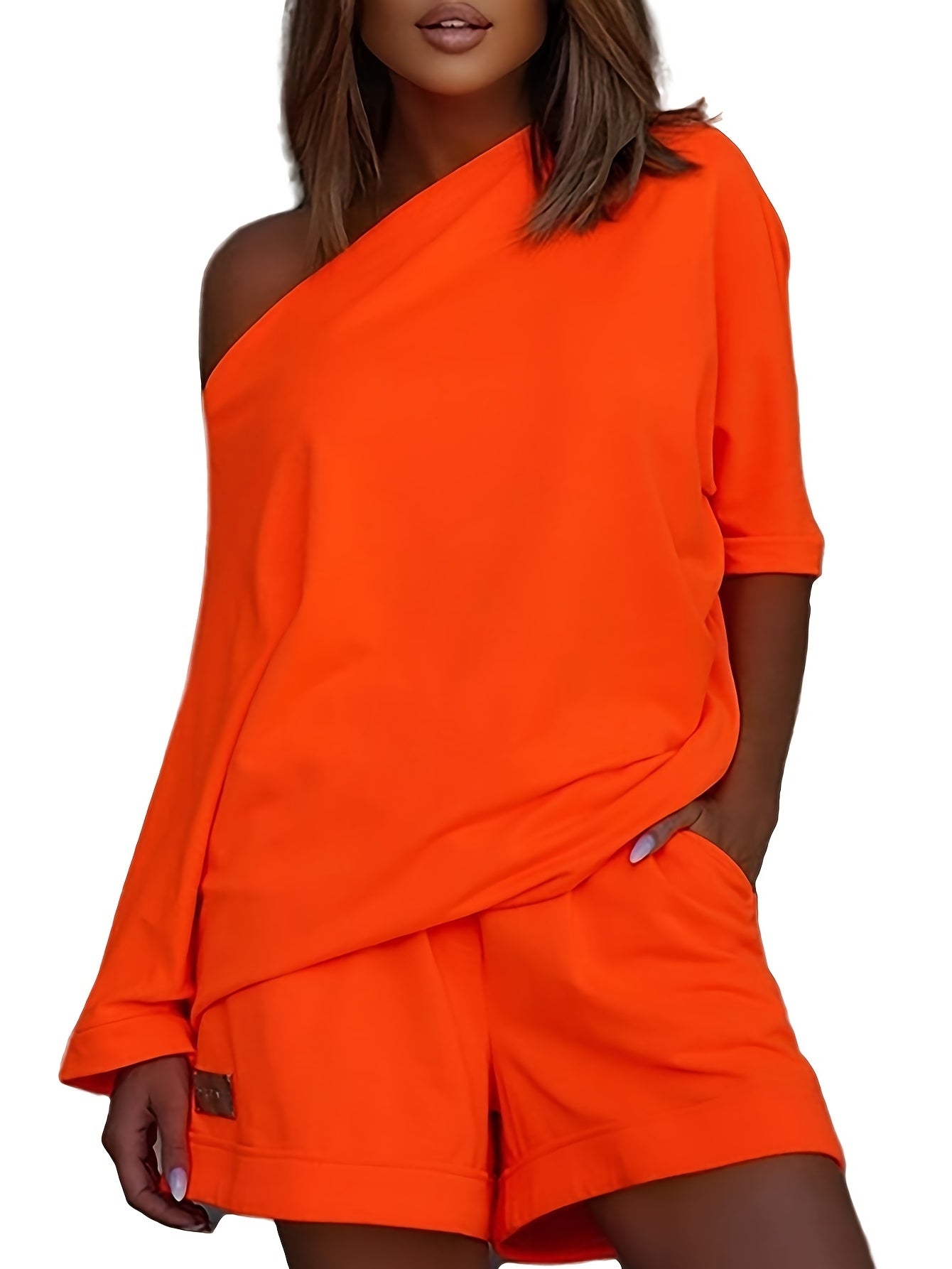 Casual Two Piece Set Slanted Shoulder Short Sleeve Tops & Wide Leg Shorts