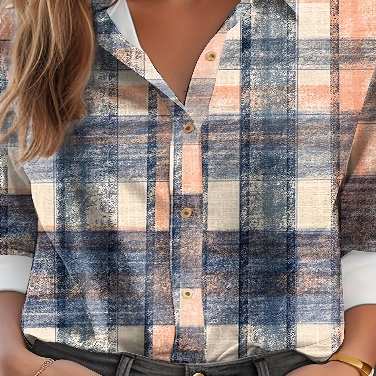  Plaid Long Sleeve Button Up Collar Shirt Top