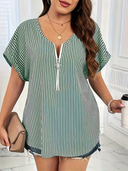 Nautical Stripe Zipper V Neck Blouse