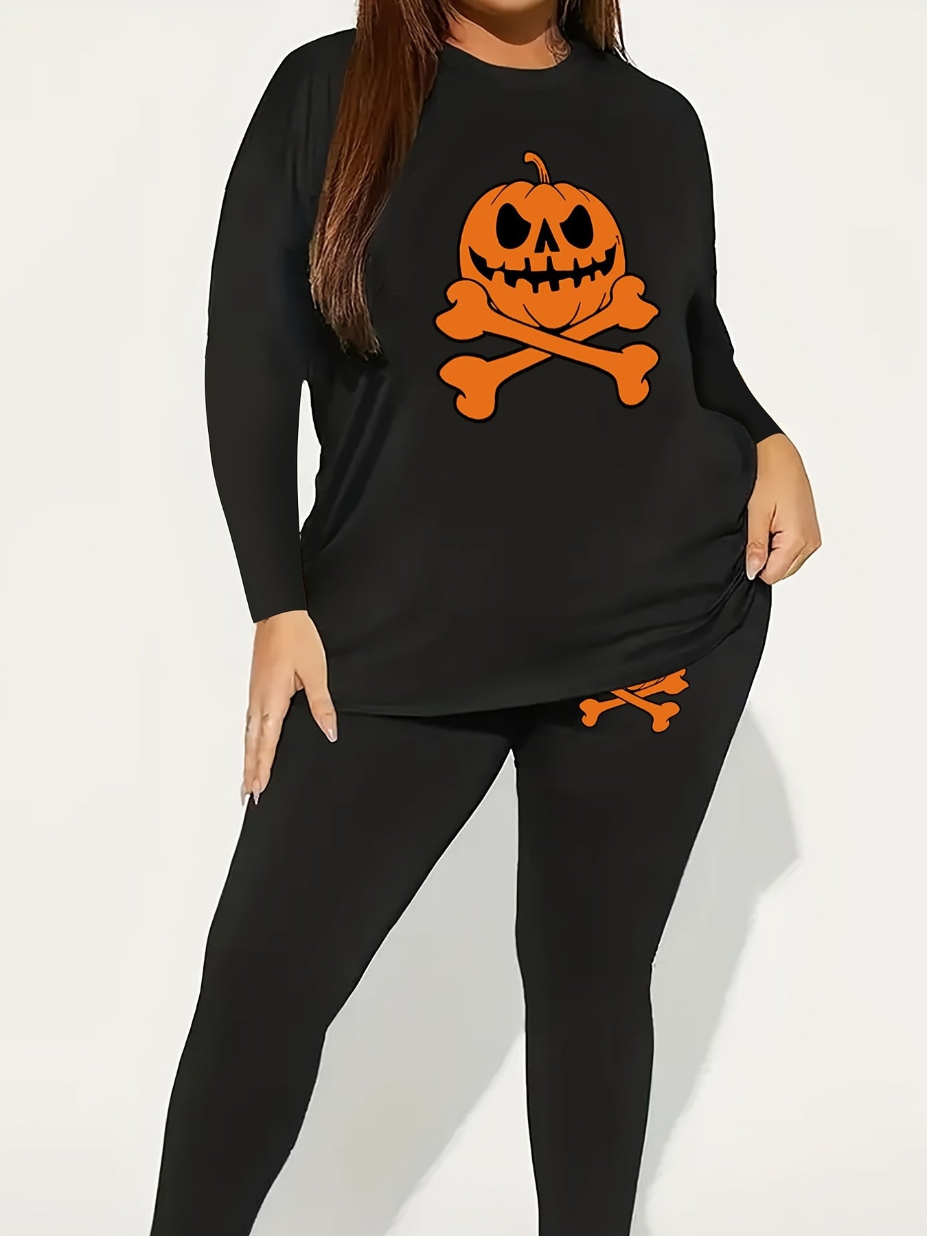  Halloween 2pcs Set Women's Plus Graphic Print Tee & Leggings Set