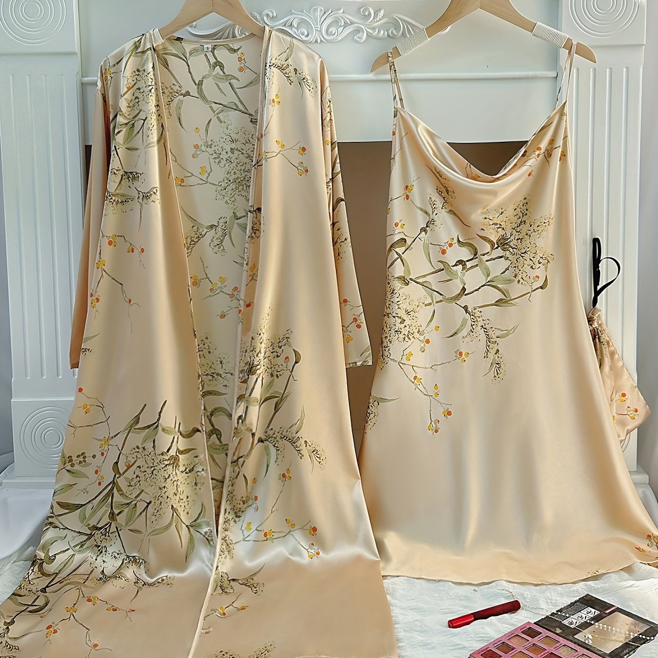 Floral Print Pajama Set & Robe Long Sleeve Sleepwear