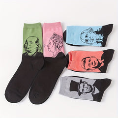 5 Pairs Portrait Print Socks Women's Mid Tube Stockings & Hosiery