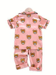 Bear Pattern Girl's Satin Pajamas Button Front Top & Shorts Set
