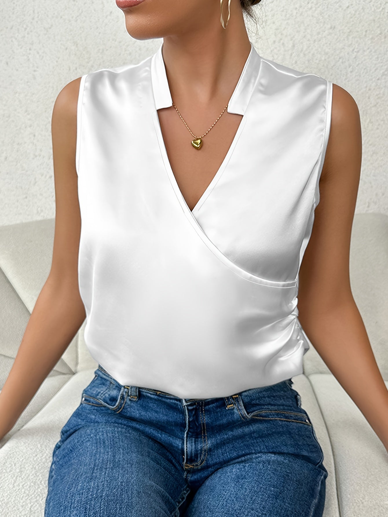 Solid Satin Surplice Neck Ruched Tank Top