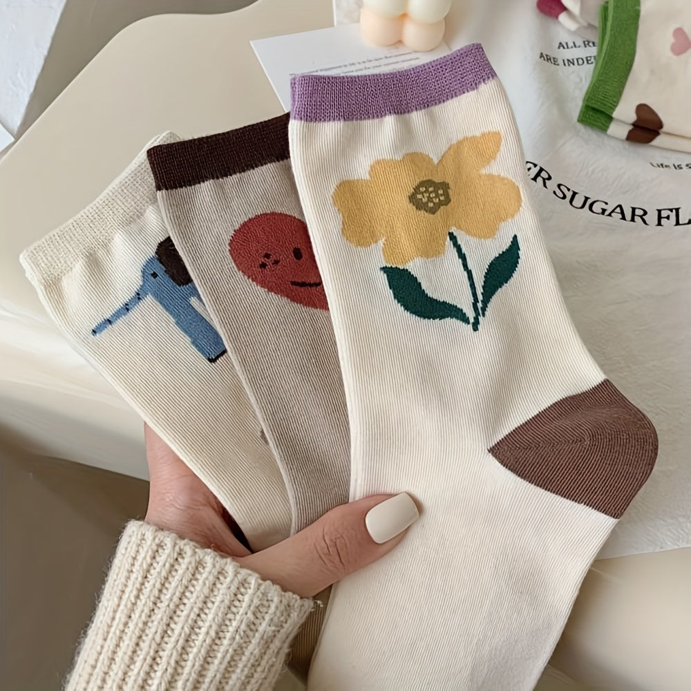 5 Pairs Floral & Heart Print Socks Women's Mid Tube Stockings