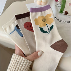 5 Pairs Floral & Heart Print Socks Women's Mid Tube Stockings
