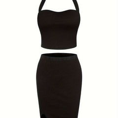  Halter Neck Backless Crop Top & Slim Fit Skirt Set