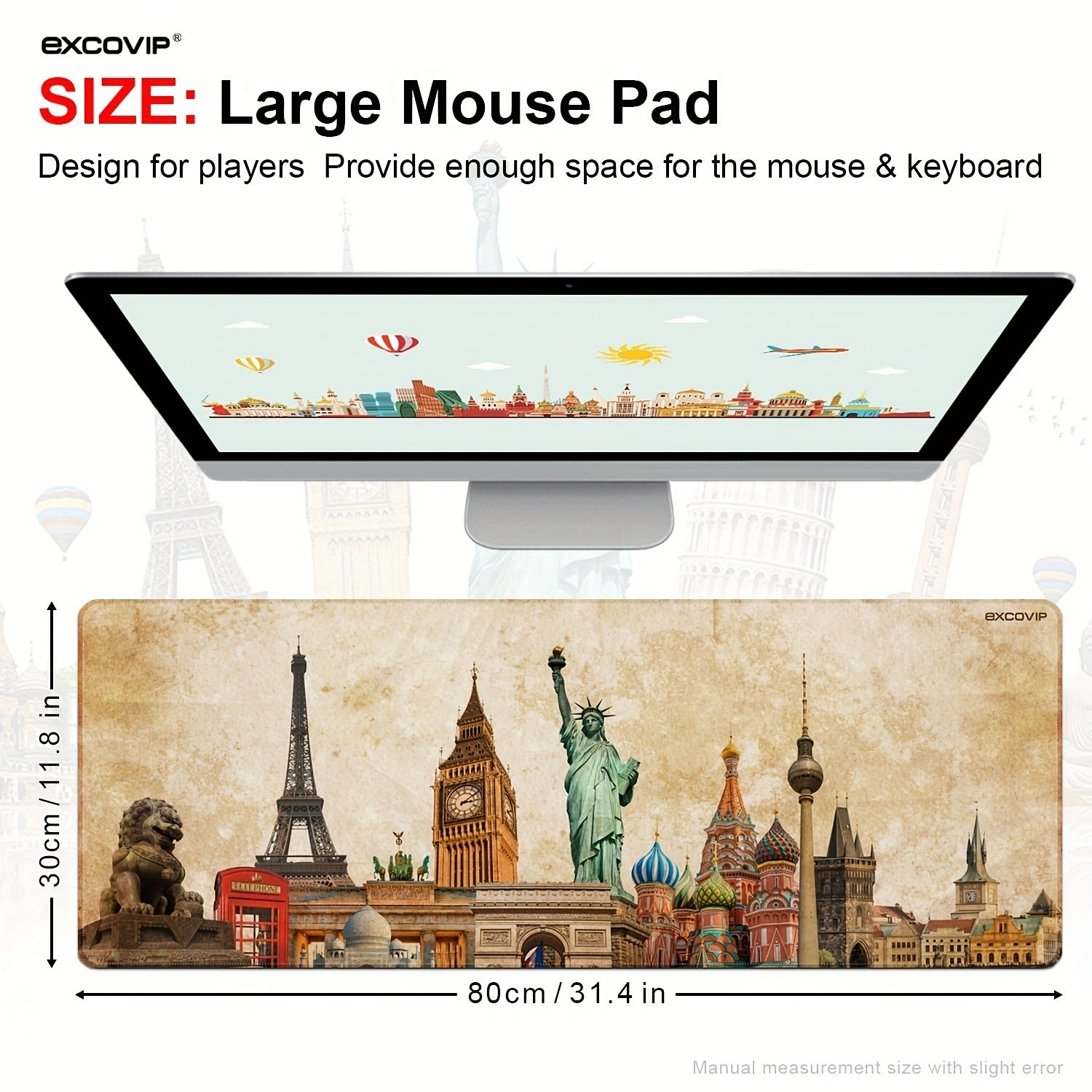 Large World Landmark Mouse Pad 80x30cm Non-Slip Desk Mat