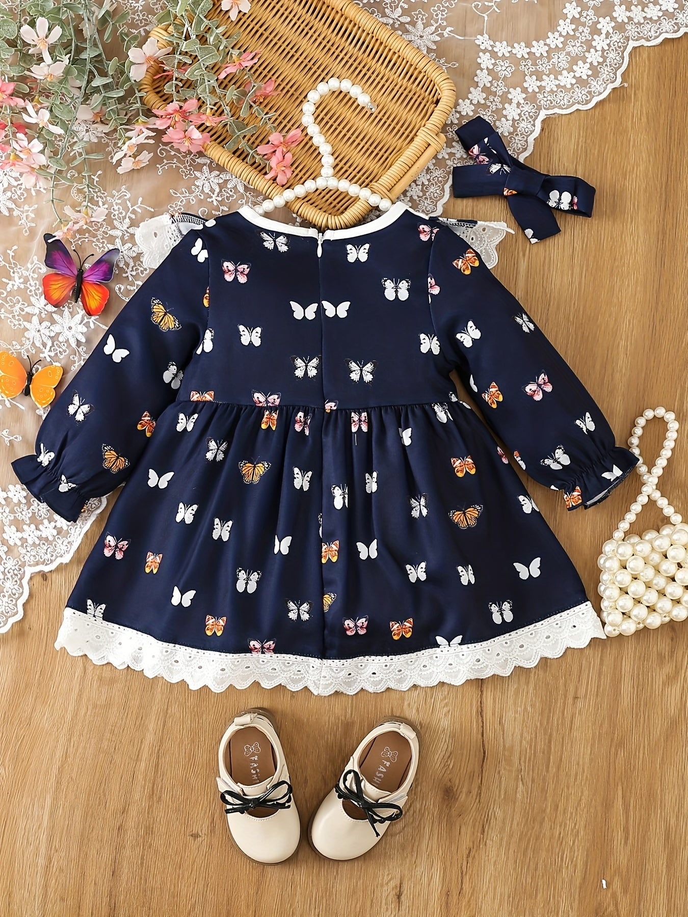 Baby Girl Butterfly Lace Doll Collar Dress Long Sleeve Dresses
