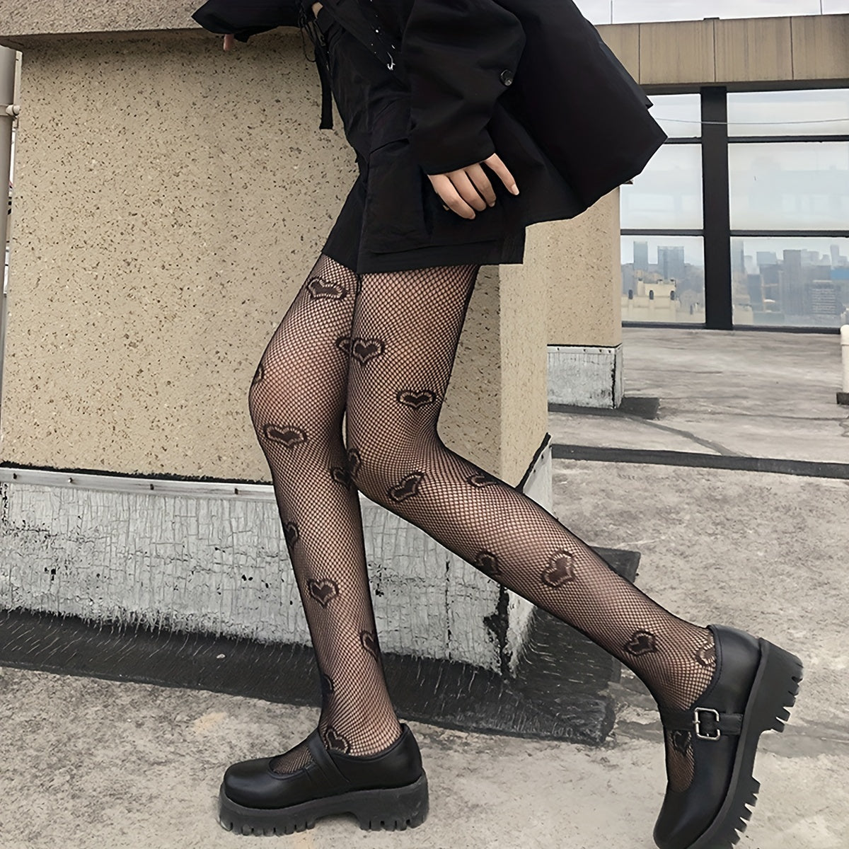 Heart Print Fishnet Tights Sexy High Waist Mesh Pantyhose