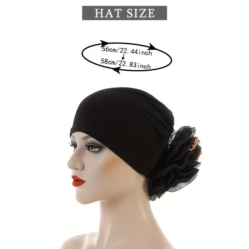Mesh Pleated Flower Turban Cap Head Wrap Rhinestone Decor