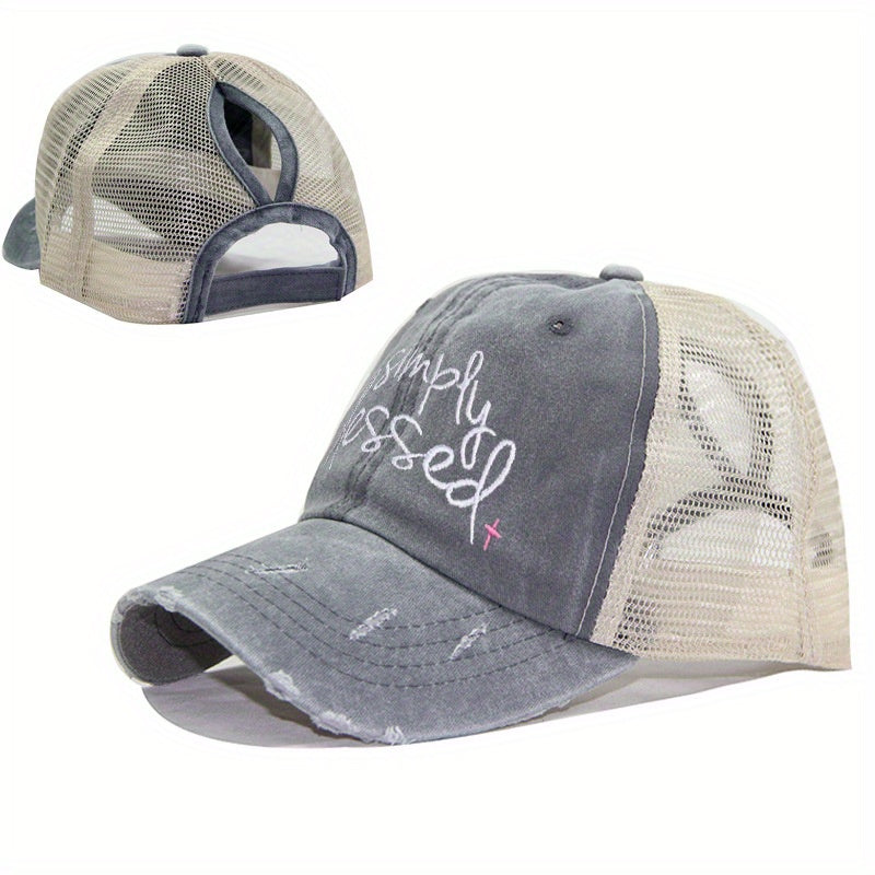 Blessed Ponytail Trucker Hat Embroidered Ripped Washed Distressed Baseball Cap