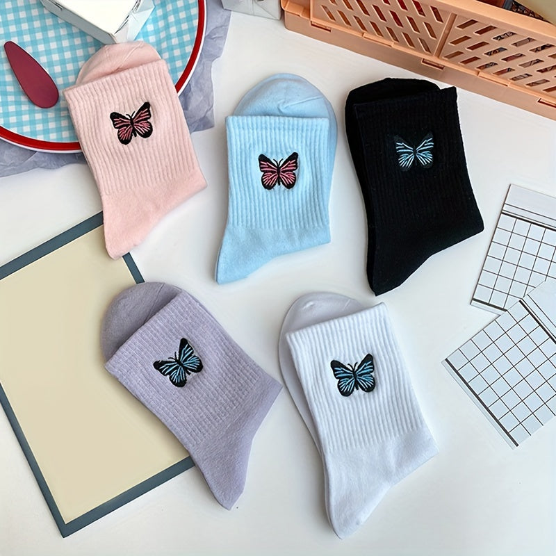 5 Pairs Butterfly Embroidery Socks Mid Tube Stockings