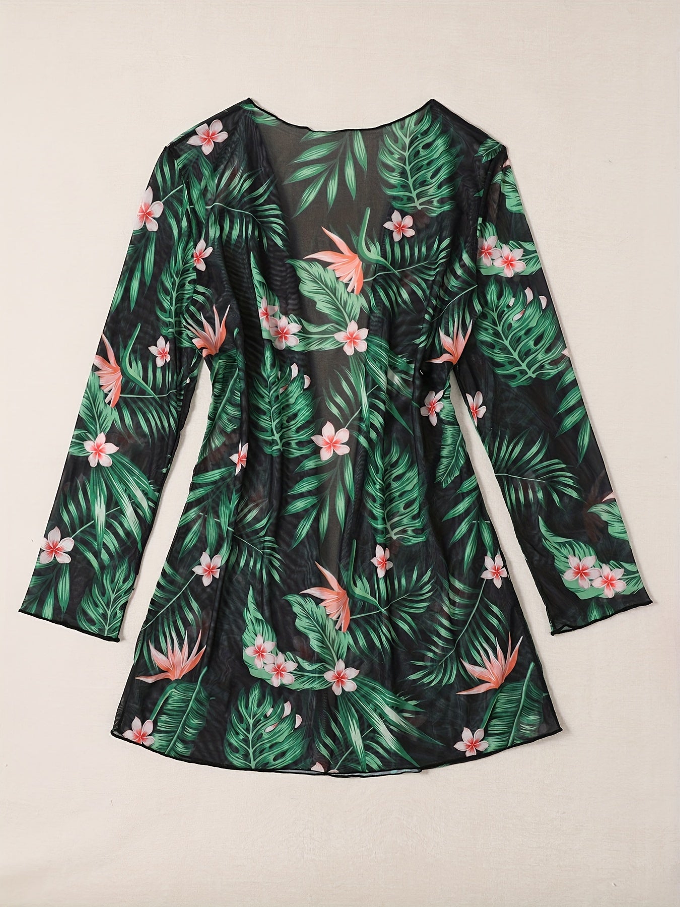 Floral Leaf Print Open Front Long Sleeve Cardigan Cover Up