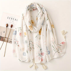 Beige Flower Print Scarf Tassel Shawl for Women