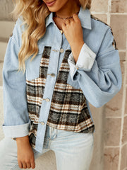 Patched Plaid Denim Jacket with Flap Pockets