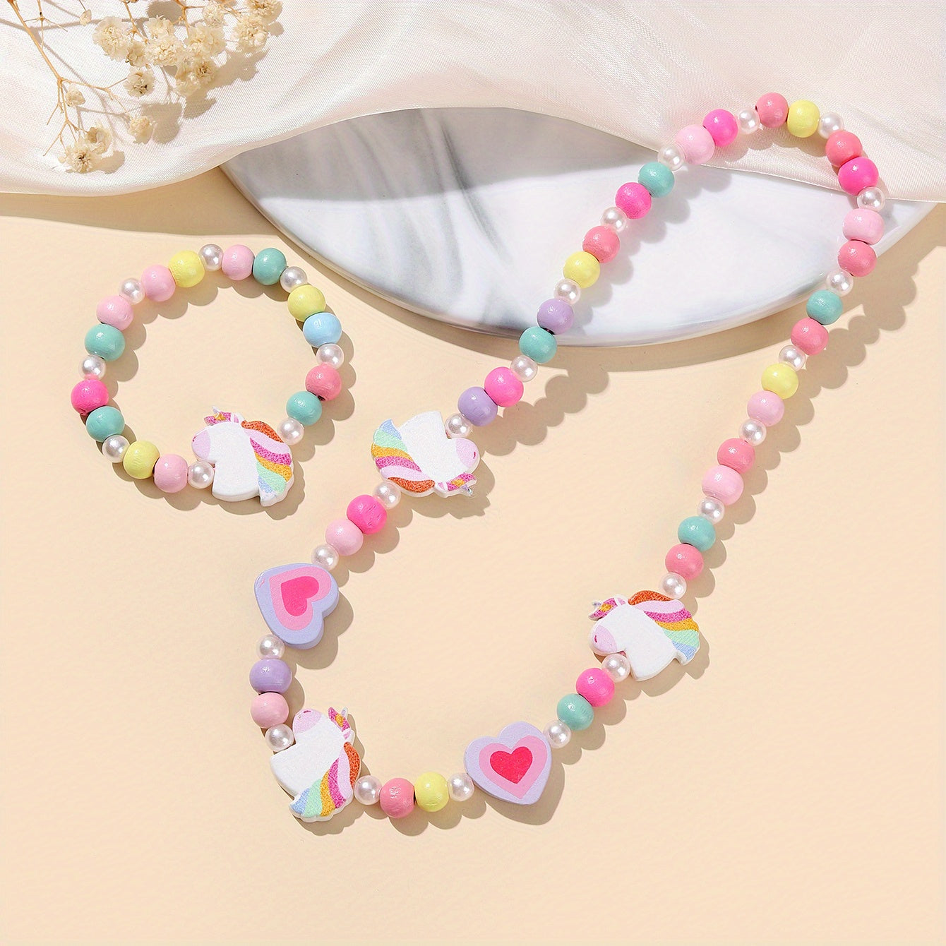 Pink Wood Fox Flower Beads Jewelry Set