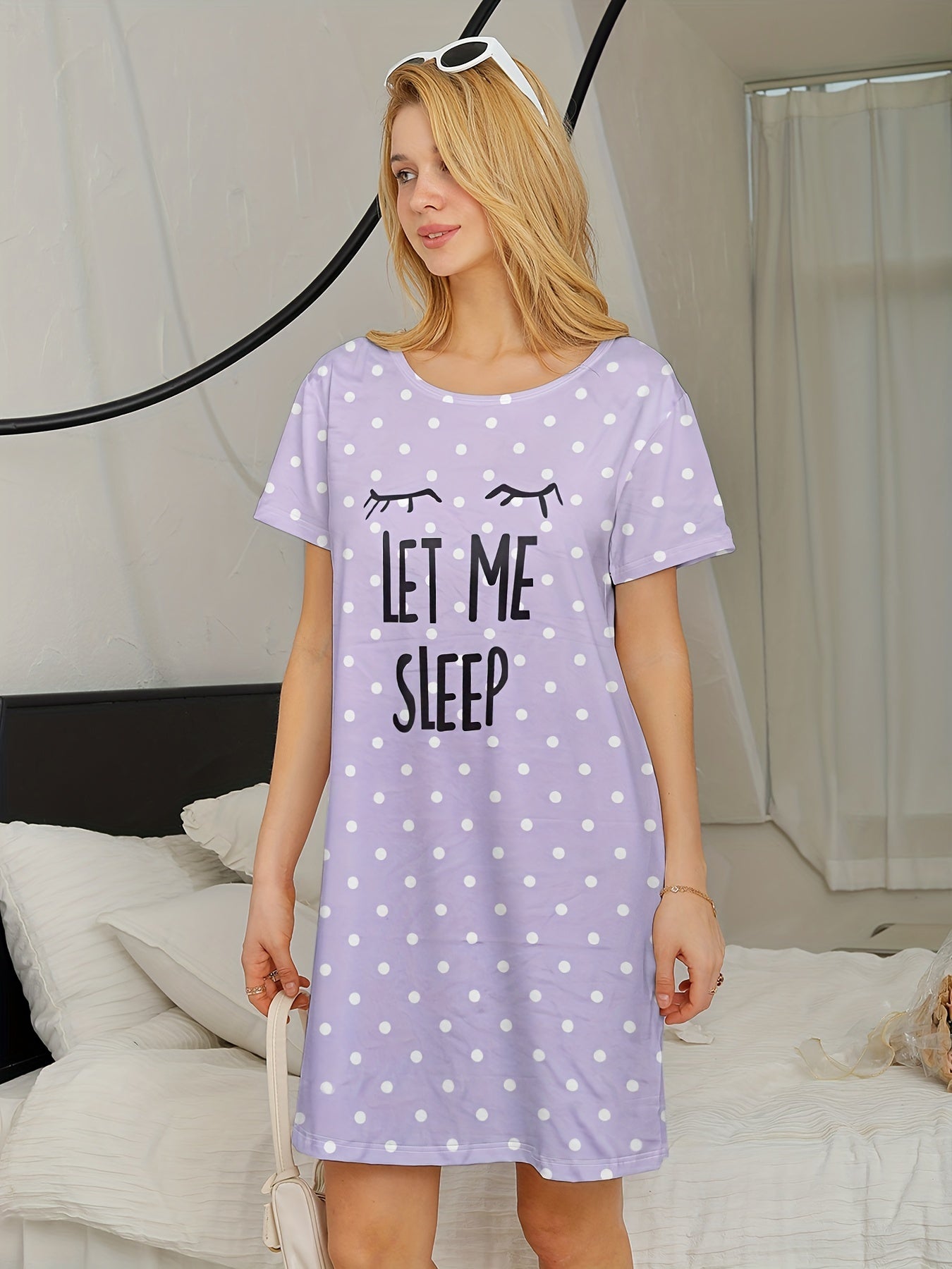 Polka Dot NightDress Short Sleeve Crew Neck Pajama Dress