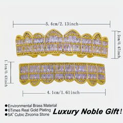 18K Unisex Big Gold Teeth Square Pave CZ 8 Teeth Top Bottom