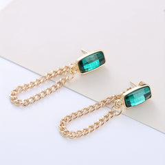 Emerald Glass Chain Stud Earrings Retro Style 18K Plated Jewelry