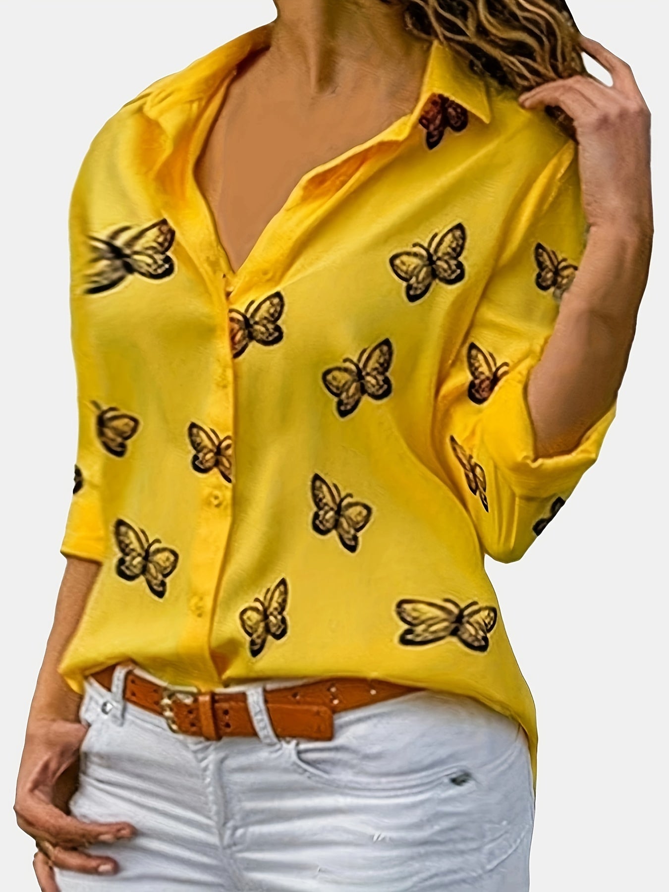  Butterfly Print Button Up Long Sleeve Blouse