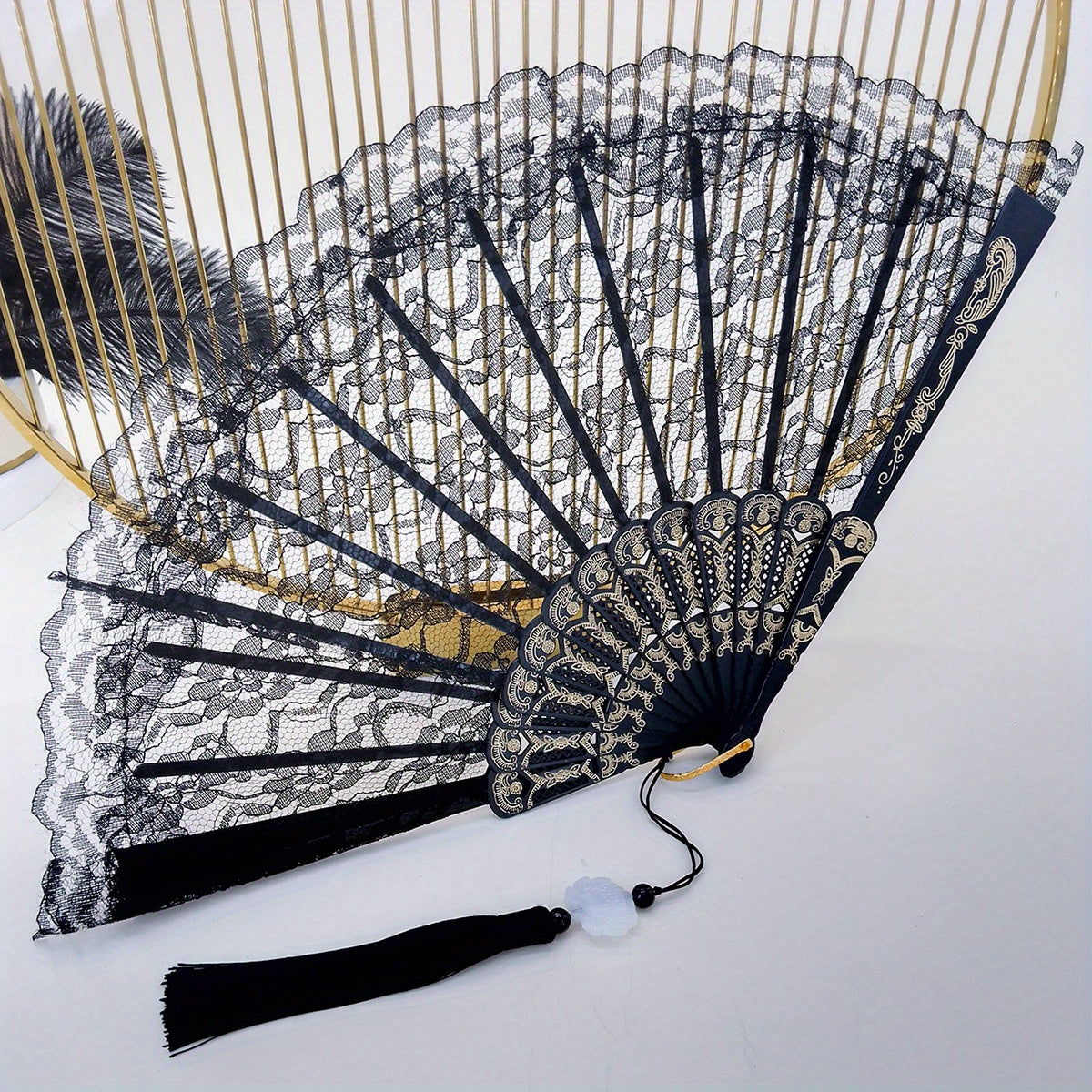 Lace Floral Pattern Folding Fan with Tassel
