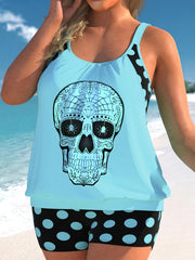  Gothic Tankini Set Spider Skull & Polka Dot Print Scoop Neck