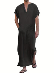 Vintage Islamic Arabic Kaftan For Men Long Sleeve V Neck Muslim Clothes