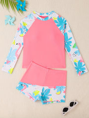 2pcs Girls Fish Scale Swimsuit Set Long Sleeve Top Shorts Summer Clothes